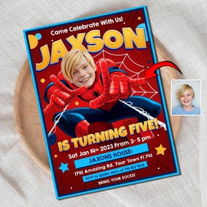 Faire-part d'anniversaire super-héros pour garçon de 5 ans : carte caricature personnalisée, invitation personnalisée et amusante sur le thème des super-héros pour les enfants
