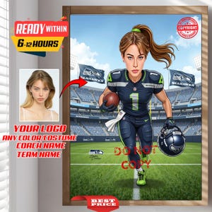 Custom NFL Football Female Player Coach Trainer Caricature Portrait - From Your Photo, Personalized, Seattle Seahawks, American Football