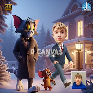 Custom Young Boy Walking with Cartoon Cat & Mouse at Night Caricature – , Personalized Figurine, Fun Gift for Kids and Animal Lovers