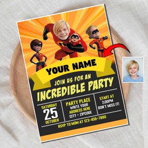 Carte caricature personnalisée, faire-part d'anniversaire garçon super-héros pour avoir 5 ans – Faire-part personnalisé et amusant sur le thème des super-héros pour les enfants