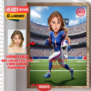 Custom NFL Football Female Player Coach Trainer Caricature Portrait - From Your Photo, Personalized, Fitness, Bills Coach, American Football