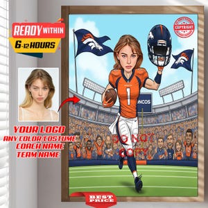 Custom NFL Football Female Player Coach Trainer Caricature Portrait - From Your Photo, Personalized, Denver Broncos, American Football