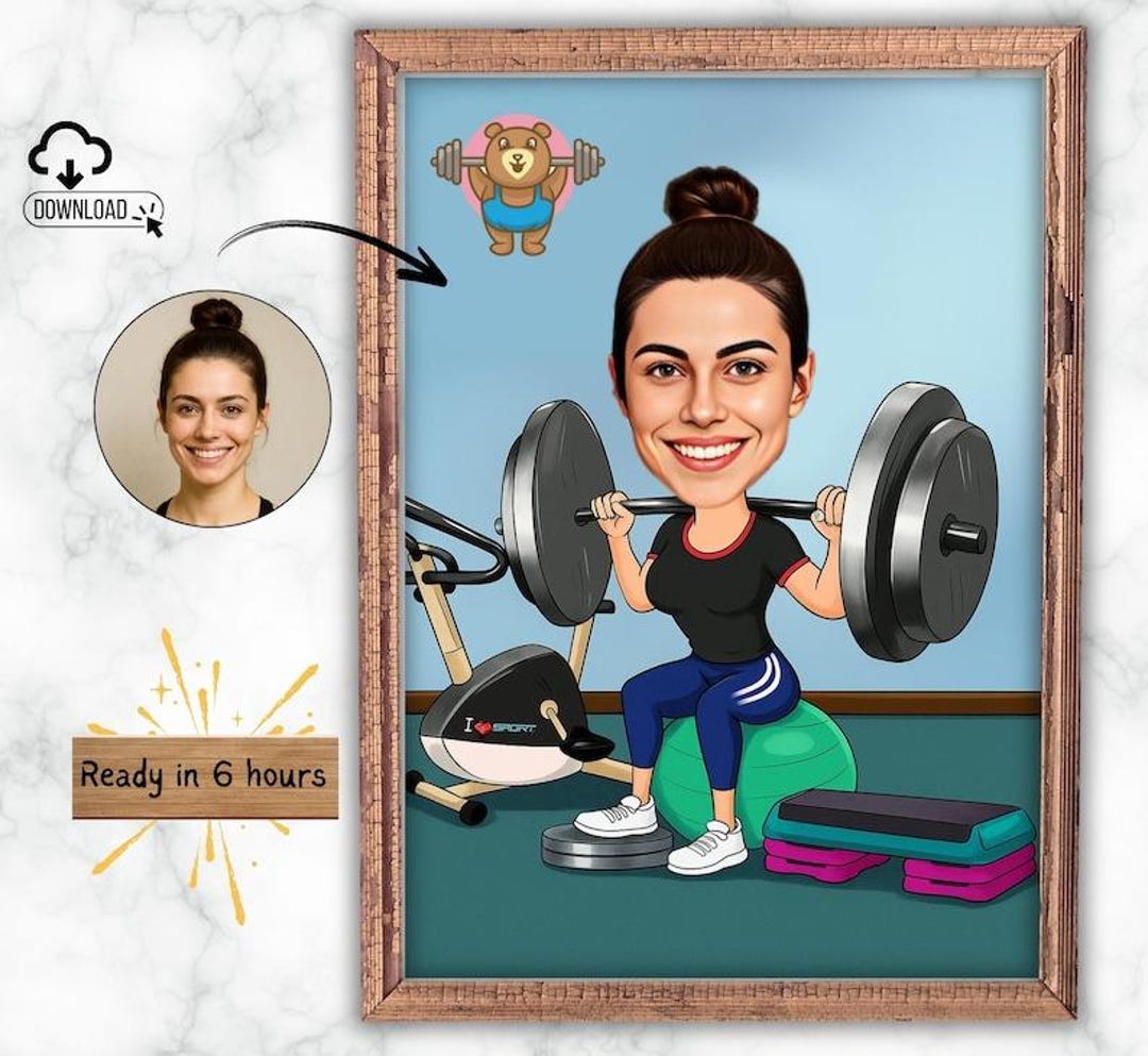 Female in Gym Custom Caricature | Personalized Cartoon Portrait | Funny ...