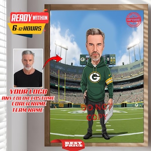 Custom NFL Football Coach Trainer Caricature Portrait - From Your Photo, Personalized, Fitness, Green Bay Packers Coach, American Football