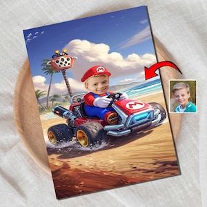 Junge im Cartoon Fahren eine lustige Geburtstagseinladungskarte, Karikatur - personalisiertes Figurine Geschenk für Kinder und Videospiel-Fans