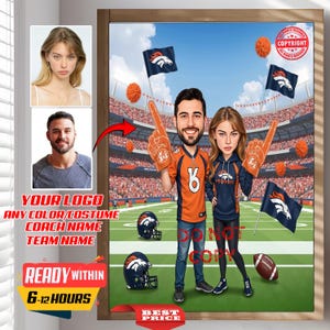 Karykatura portretowa pary kibiców futbolu amerykańskiego NFL, wykonana na podstawie Twojego zdjęcia, spersonalizowana, fitness, fani Denver Broncos, futbol amerykański, kibic