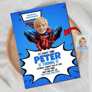 Carte de super-héros garçon ayant 5 ans – Carte de caricature d'invitation d'anniversaire personnalisée, personnalisée et amusante sur le thème des super-héros