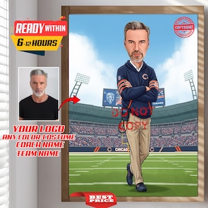Custom NFL Football Coach Trainer Caricature Portrait - From Your Photo, Personalized, Fitness Chicago Bears Coach, American Football