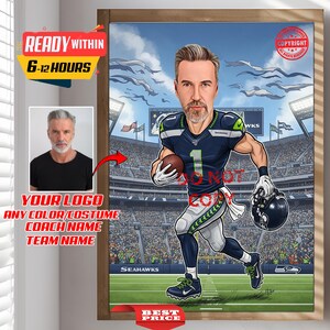 Custom NFL Football Player Coach Caricature Portrait - From Your Photo, Personalized, Fitness, Seattle Seahawks Coach, American Football