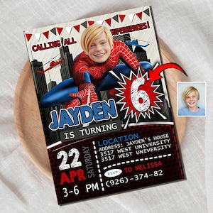 Superheld Junge Turning 6 Karte - Benutzerdefinierte Geburtstagseinladung Karikaturkarte, personalisiert und lustige Superhelden-Thema