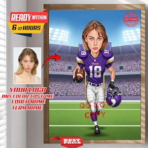 Custom NFL Football Female Player Coach Trainer Caricature Portrait - From Your Photo, Personalized, Minnesota Vikings, American Football