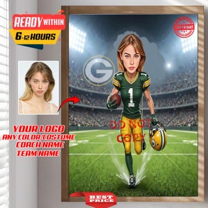 Custom NFL Football Female Player Coach Trainer Caricature Portrait - From Your Photo, Personalized, Green Bay Packers, American Football