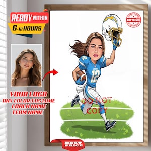 Custom NFL Football Female Player Coach Trainer Caricature Portrait - From Your Photo, Personalized, Los Angeles Chargers, American Football