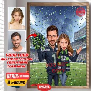Custom NFL Football couple fans Caricature Portrait, From Your Photo, Personalized, Fitness, Seattle Seahawks fans, American Football, Fan