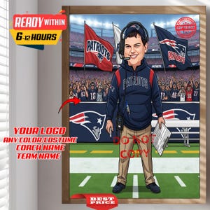 Custom NFL Football Coach Trainer Caricature Portrait - From Your Photo, Personalized, Fitness New England Patriots Coach, American Football