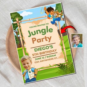 Carte d'invitation d'anniversaire pour garçon de 5 ans qui a 5 ans – Carte de caricature personnalisée, personnalisée et amusante sur le thème des dessins animés de la jungle