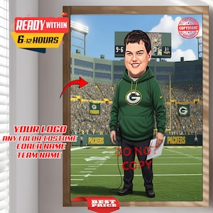 Custom NFL Football Coach Trainer Caricature Portrait - From Your Photo, Personalized, Fitness Green Bay Packers Coach, American Football