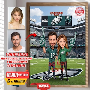 Custom NFL Football couple fans Caricature Portrait, From Your Photo, Personalized, Fitness, Philadelphia Eagles fans, American Football