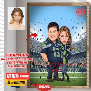 Custom NFL Football couple fans Caricature Portrait, From Your Photo, Personalized, Fitness, Seattle Seahawks fans, American Football, Fan