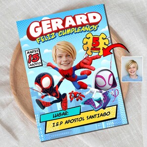 Faire-part d'anniversaire personnalisé, carte caricature, garçon de 5 ans, super-héros, invitation personnalisée et amusante sur le thème des super-héros pour les enfants