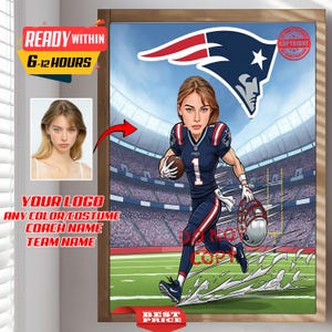Custom NFL Football Female Player Coach Trainer Caricature Portrait - From Your Photo, Personalized, New England Patriots, American Football
