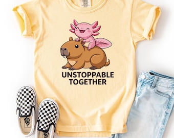 Kids Axolotl Capybara Shirt: Unstoppable Together Kawaii Tee