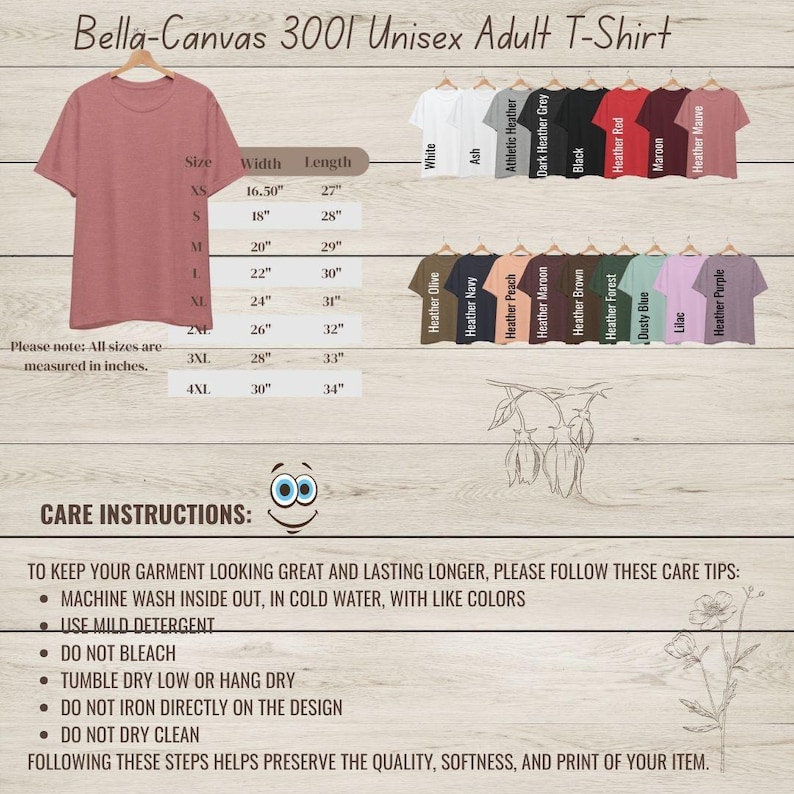 K&ouml;nnte beinhalten: Ein hellrotes Bella-Canvas 3001 Unisex-Erwachsenen-T-Shirt auf Holzgrund. Das Bild enth&auml;lt eine Gr&ouml;&szlig;entabelle mit Zollma&szlig;en und eine Farbtabelle. Pflegehinweise sind ebenfalls angegeben.