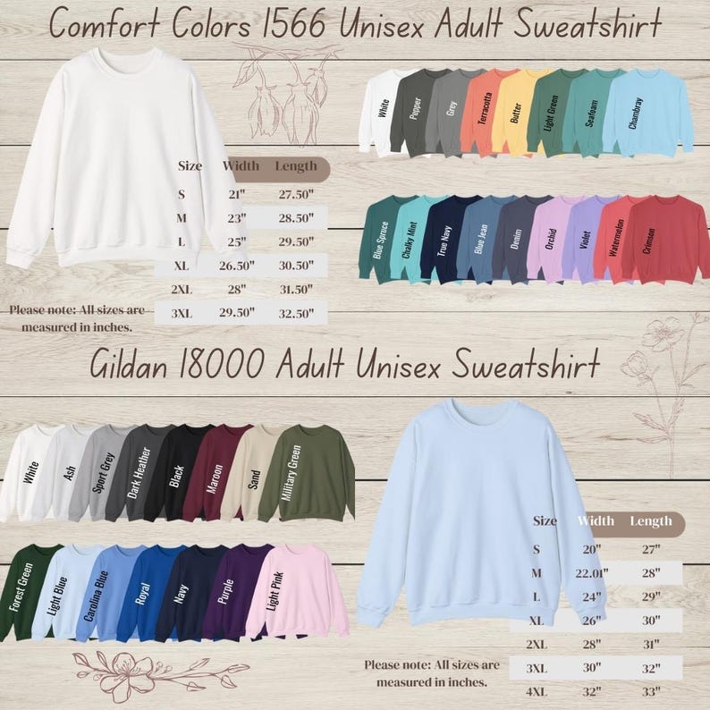 K&ouml;nnte beinhalten: Das Bild zeigt zwei Sweatshirts, eines in Wei&szlig; und eines in Hellblau, mit einer Vielzahl von Farboptionen. Der obere Teil zeigt ein Comfort Colors 1566 Unisex Adult Sweatshirt, und der untere Teil zeigt ein Gildan 18000 Adult Unisex Sweatshirt. Gr&ouml;&szlig;entabellen sind enthalten, mit Ma&szlig;en in Zoll.