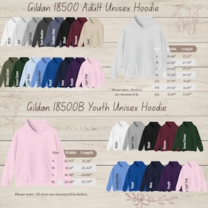 K&ouml;nnte beinhalten: Pr&auml;sentation von Gildan 18500 und 18500B Unisex-Hoodies in verschiedenen Farben, darunter Wei&szlig;, Schwarz und Rosa. Gr&ouml;&szlig;entabellen mit Ma&szlig;en in Zoll sind enthalten. Die Gr&ouml;&szlig;en der Hoodies f&uuml;r Erwachsene reichen von S bis 4XL.