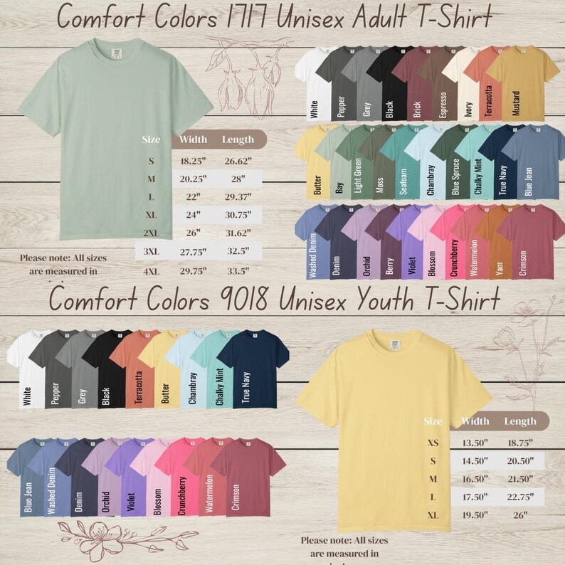 K&ouml;nnte beinhalten: Bild von Comfort Colors T-Shirts. Das Bild zeigt eine Vielzahl von T-Shirt-Farben und -Gr&ouml;&szlig;en f&uuml;r Erwachsene und Jugendliche. Die Ma&szlig;e sind in Zoll angegeben. Der Text "Comfort Colors 1717 Unisex Adult T-Shirt" und "Comfort Colors 9018 Unisex Youth T-Shirt" sind sichtbar.