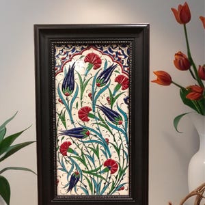 Handmade Ottoman Tulip & Carnation iznik Tile Art | Traditional Iznik Style Turkish Ceramic Wall Decor