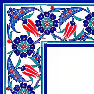 4x Borda de Azulejos Tulipa Iznik – Arte Cerâmica Estilo Palácio Otomano – Decoração de Parede Feita à Mão
