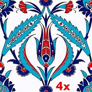 Conjunto de 4 azulejos Tulip Iznik – Arte em cerâmica estilo palácio otomano – Decoração de parede feita à mão