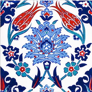 Conjunto de 4 azulejos Tulip Iznik – Arte em cerâmica estilo palácio otomano – Decoração de parede feita à mão