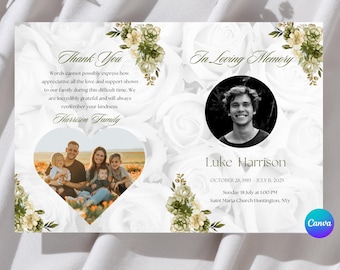 Pode incluir: Um cartão de condolências floral branco e verde com uma foto de um homem e uma família. O cartão diz "Em memória carinhosa" e "Obrigado". O texto também inclui o nome do homem, sua data de nascimento e sua data de falecimento. O cartão também inclui a data e hora do serviço memorial.