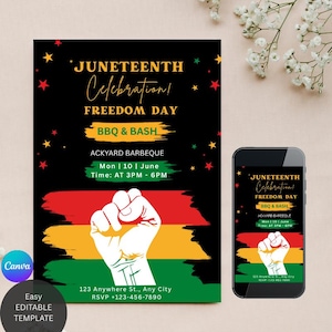 Puede incluir: Una invitación negra para una celebración del Juneteenth, con el texto "Juneteenth Celebration! Freedom Day BBQ & Bash." El diseño incluye un puño levantado sobre rayas rojas, amarillas y verdes, con estrellas y detalles del evento.
