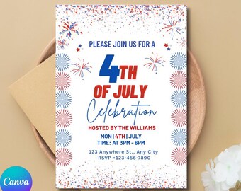 4th of July Invitation Template, Patriotic Red White Blue Fireworks, Editable Canva Party Invite, Instant Download Printable, Fourth of July