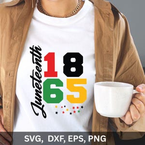 May include: White t-shirt featuring the word "Juneteenth" in black script, and the numbers "1865" in red, black, green, and yellow. Small colourful stars are below the numbers. A person is wearing the shirt and holding a white mug.