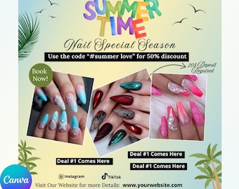 Summer Nail Sale Flyer, Nail Tech Sale Flyer, Summer Sale Flyer, Nail Deal Promo, Nail Booking Flyer, Nail Appointment Flyer Canva Editable