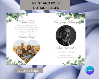 Puede incluir: Tarjeta conmemorativa con foto familiar en forma de corazón y texto. El lado izquierdo dice "Gracias" e incluye un mensaje de gratitud. El lado derecho dice "En memoria cariñosa" con una foto de un hombre y su nombre, Luke Harrison.