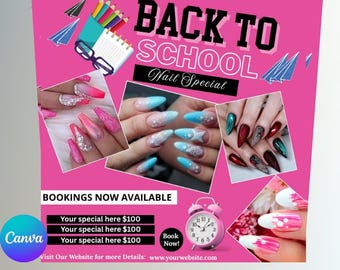 Folleto de regreso a clases de manicura: Plantilla editable de Canva (descarga digital)
