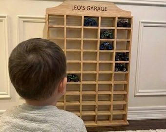 Personalized Wooden Monster Truck Garage Shelf • Toy Storage Organizer