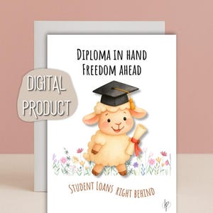 Tarjeta de graduación divertida / Descarga digital / Tarjeta de graduación imprimible / Graduado con oveja adorable / Humor para el diploma / Descarga instantánea / Regalo para estudiantes