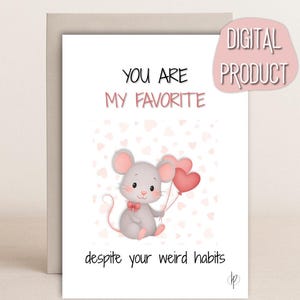 Tarjeta de amor con un ratón divertido para imprimir/descarga digital para parejas/bonito regalo de aniversario o San Valentín