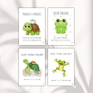Ermutigungskarten-Bundle | 4 Druckkarten Frosch & Schildkröte | Psychische Gesundheit Support-Set | PDF-Download