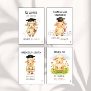Bundel afstudeerkaarten | 4 grappige schapenkaarten | Afdrukbare digitale kaarten voor diploma's | Pdf direct downloaden | Hogeschool en middelbare school