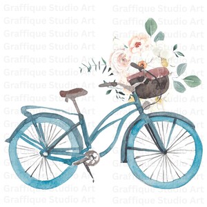 5 Bicycle with Floral Basket PNG & SVG File Watercolor Bike Clipart for Digital Download, Perfect for Crafts, Invitations and Scrapbooking