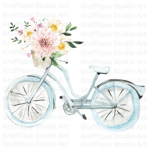 5 Bicycle with Flowers Watercolor PNG SVG, Floral Bike Clipart, Spring Flower Basket Illustration, Digital Download Sublimation Art