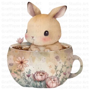 6 Cute Bunny in Floral Tea Cup PNG File Watercolor Bunny Clipart for Digital Download, Perfect for Crafts, Invitations and Scrapbooking