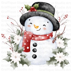 Adorable Watercolor Snowman with Scarf and Poinsettia PNG & SVG Digital File Perfect for Christmas Craft,Sticker,Invitation Instant Download